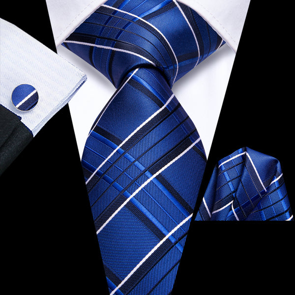 Ties2you Blue White Plaid Silk Men‘s Necktie Pocket Square Cufflinks Set