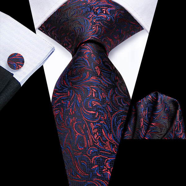 Ties2you Navy Blue Red Floral Silk Men's Necktie Hanky Cufflinks Set