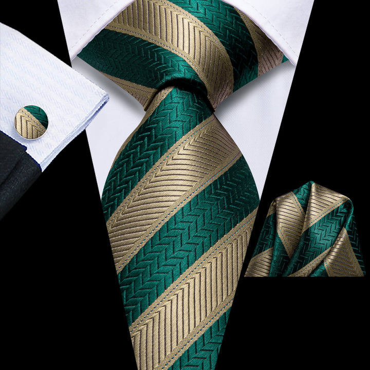teal Green Brown Stripes Tie Hanky Cufflinks