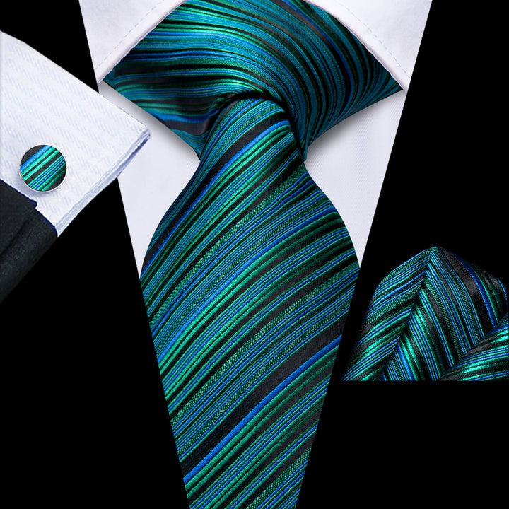 Striped Tie Black Green Blue Silk Men's Tie