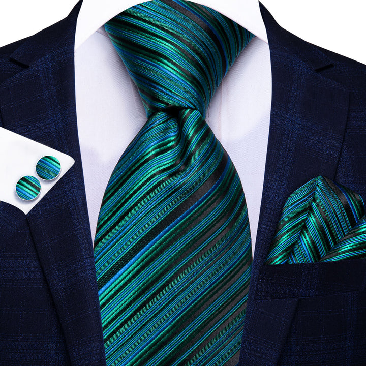 Striped Tie Black Green Blue Silk Men's Tie