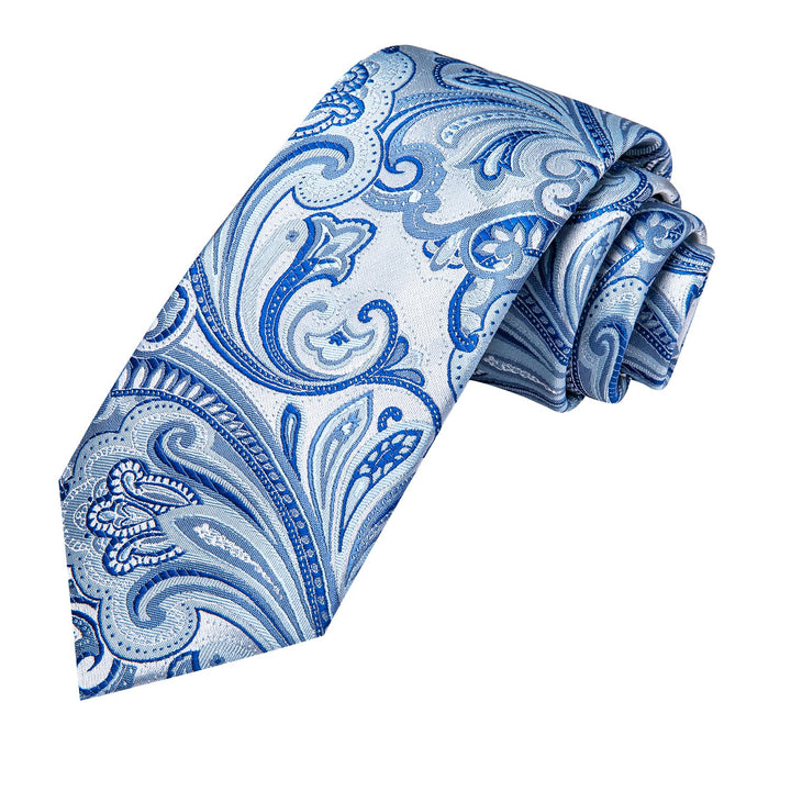 Floral Tie Blue Grey Silk Men's Tie Handkerchief Cufflinks Set