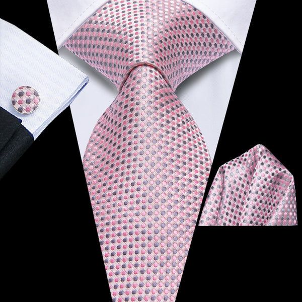 Polka Dots Tie Pink Grey Silk Men's Tie Handkerchief Cufflinks Set