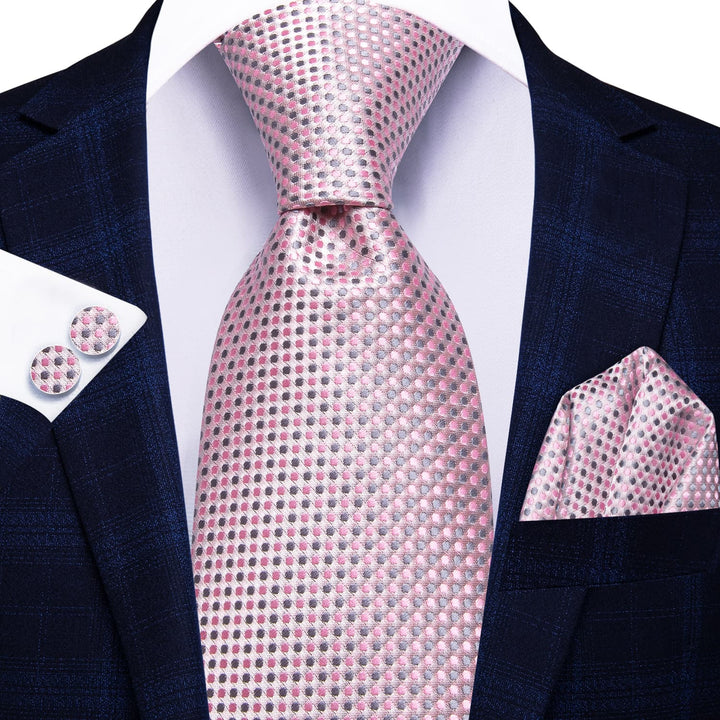 Polka Dots Tie Pink Grey Silk Men's Tie Handkerchief Cufflinks Set