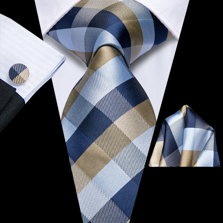 Plaid Tie Blue Grey Silk Men's Tie Handkerchief Cufflinks Set