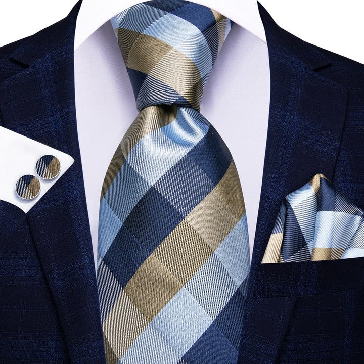 Plaid Tie Blue Grey Silk Men's Tie Handkerchief Cufflinks Set