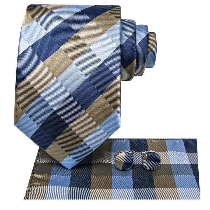 Plaid Tie Blue Grey Silk Men's Tie Handkerchief Cufflinks Set