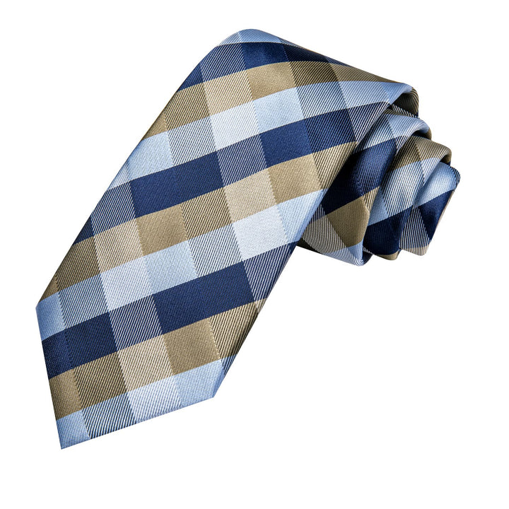Plaid Tie Blue Grey Silk Men's Tie Handkerchief Cufflinks Set
