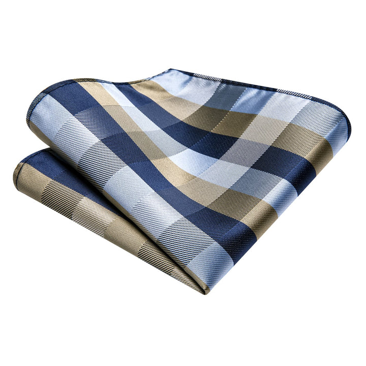 Plaid Tie Blue Grey Silk Men's Tie Handkerchief Cufflinks Set