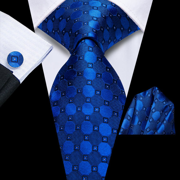 Geometric Tie Navy Blue Silk Men's Tie Pocket Square Cufflinks Set