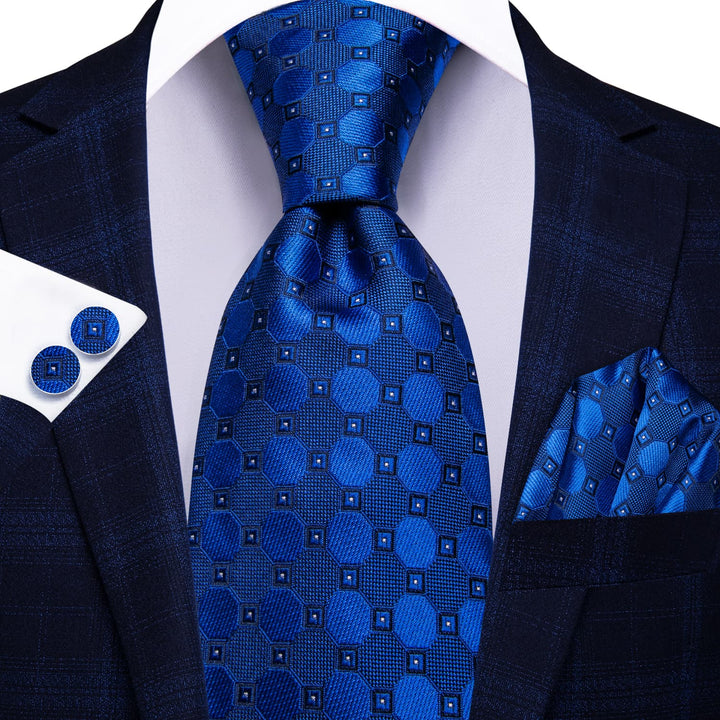 Geometric Tie Navy Blue Silk Men's Tie Pocket Square Cufflinks Set