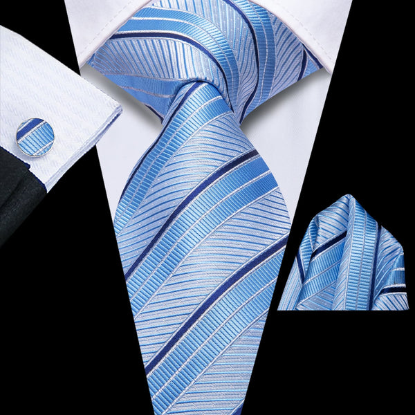 Striped Tie Light Blue Silk Men's Tie Pocket Square Cufflinks Set