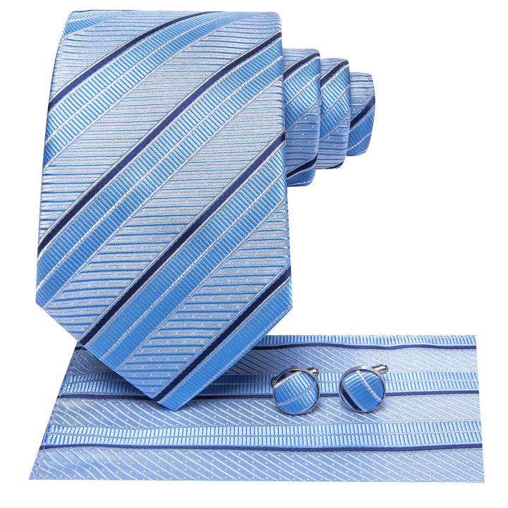Striped Tie Light Blue Silk Men's Tie Pocket Square Cufflinks Set