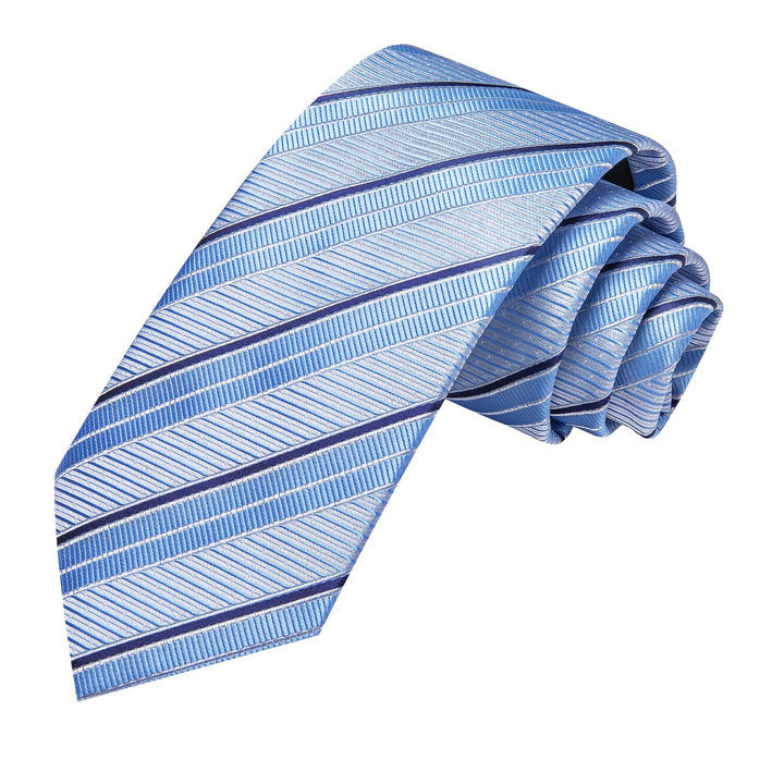 Striped Tie Light Blue Silk Men's Tie Pocket Square Cufflinks Set