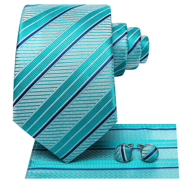 Striped Tie Pale Teal Silk Men's Tie Hanky Cufflinks Set