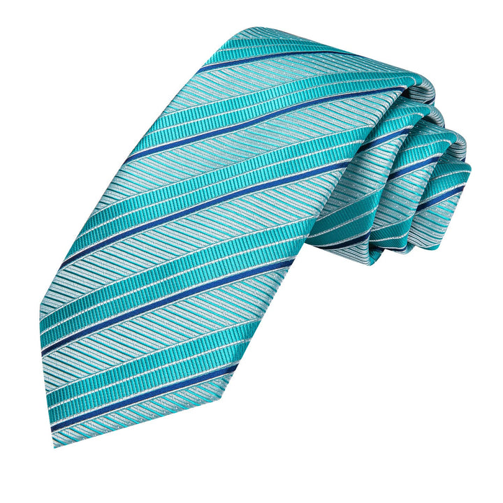Striped Tie Pale Teal Silk Men's Tie Hanky Cufflinks Set