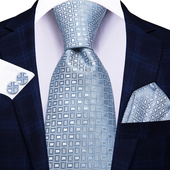 Geometric Tie Stone Blue Silk Men's Tie Pocket Square Cufflinks Set
