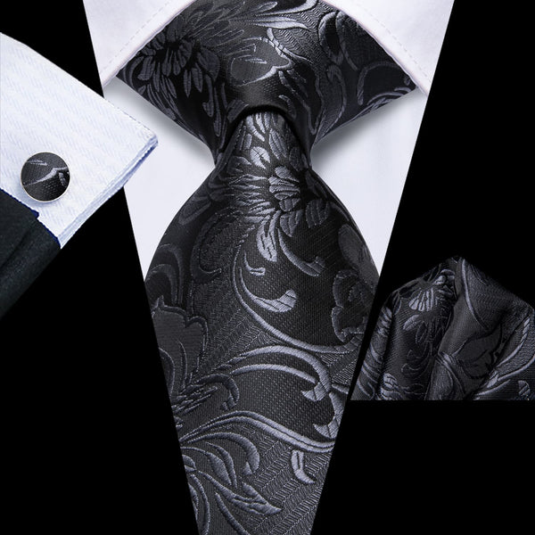 Floral Tie Black Grey Mens Silk Tie Handkerchief Cufflinks Set