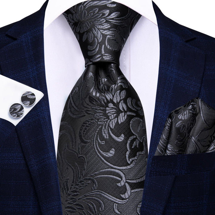 Floral Tie Black Grey Mens Silk Tie Handkerchief Cufflinks Set