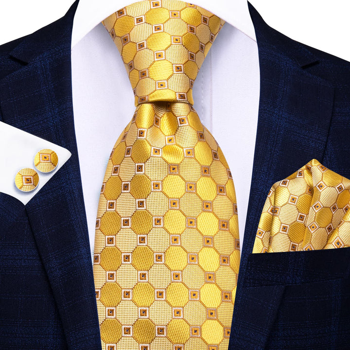 Mens Tie Canary Yellow Geometric Silk Tie Pocket Square Cufflinks Set