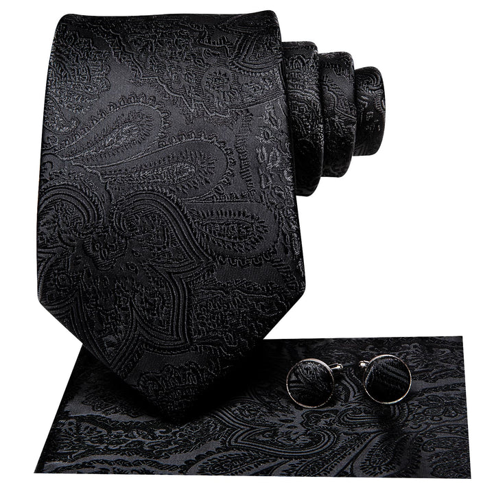 Paisley Tie Ink Black Mens Silk Tie Handkerchief Cufflinks Set for Business Necktie