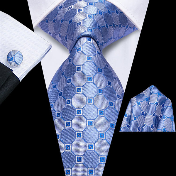 Geometric Tie Light Blue Mens Silk Tie Pocket Square Cufflinks Set New Arrival