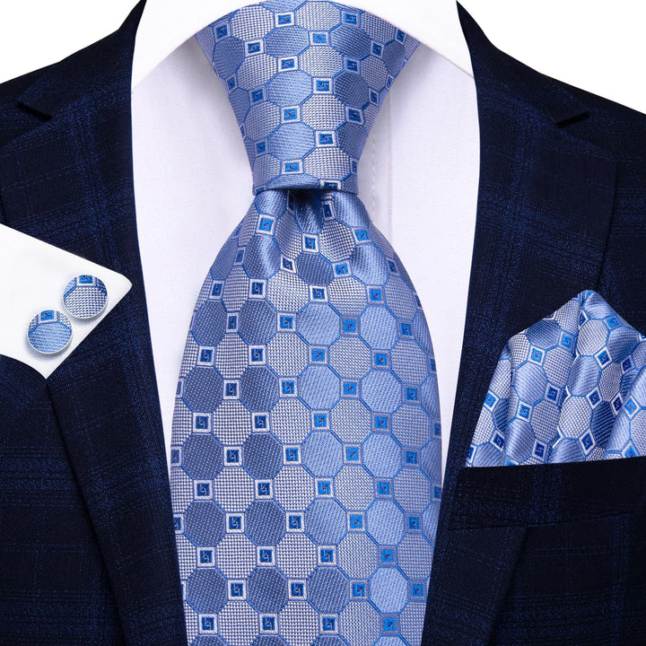 Geometric Tie Light Blue Mens Silk Tie Pocket Square Cufflinks Set New Arrival