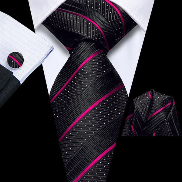 business design pink white black striped tie handkerchief cufflinks set