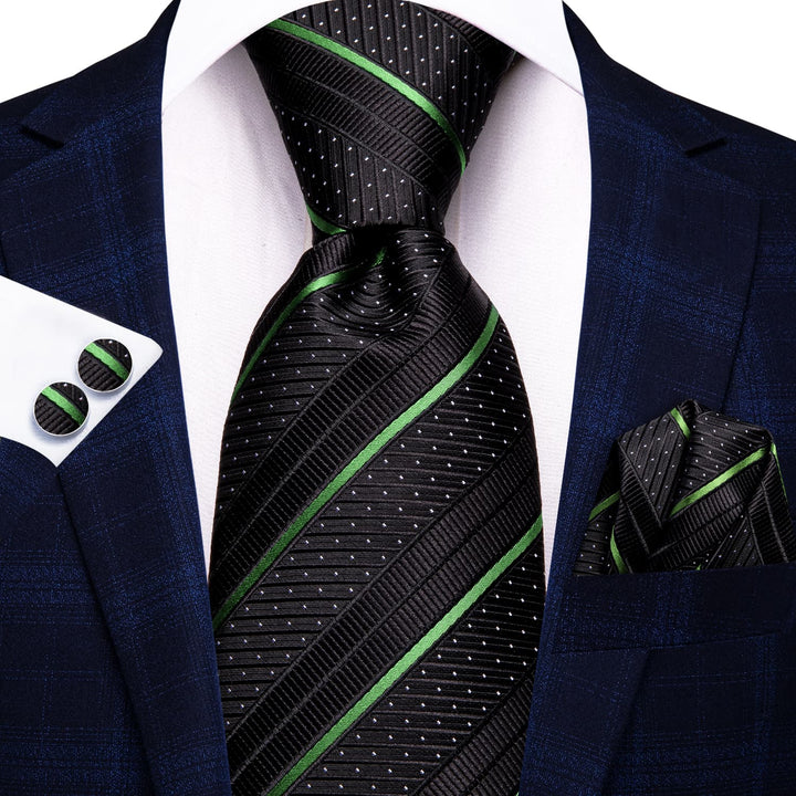 black light green striped white polka dot mens silk necktie handkerchief cufflinks set for office business