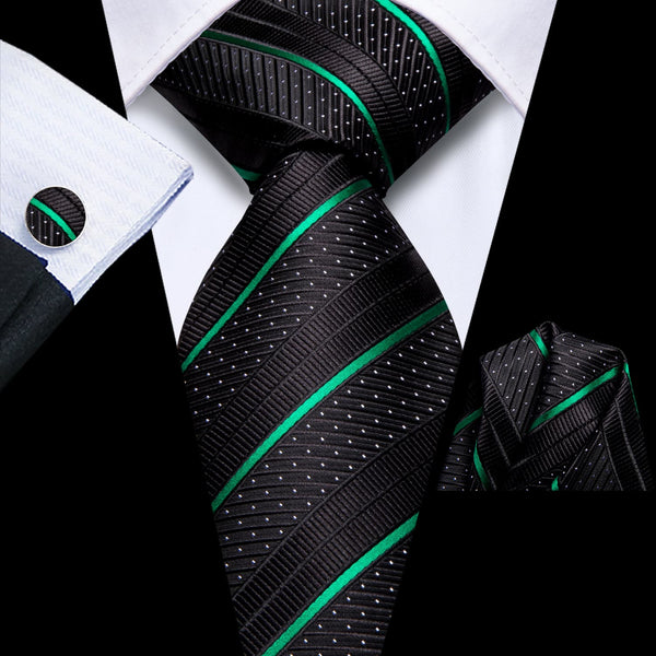 Black Emerald Green striped mens silk business office formal ties handkerchief cufflinks set for suit dress