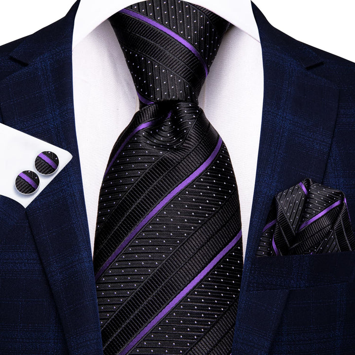 Striped Tie Business Black Violet Purple Silk Men's Tie Pocket Square Cufflinks Set