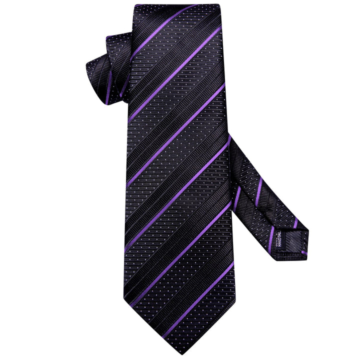 Striped Tie Business Black Violet Purple Silk Men's Tie Pocket Square Cufflinks Set