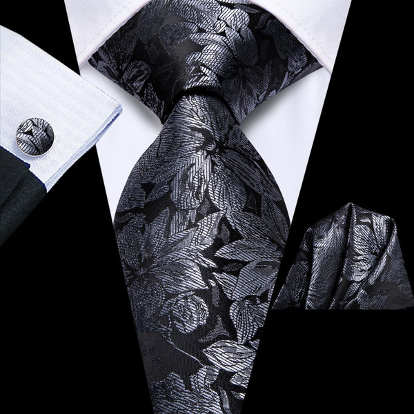 fashion mens floral grey tie handkerchief cufflinks set for wedding