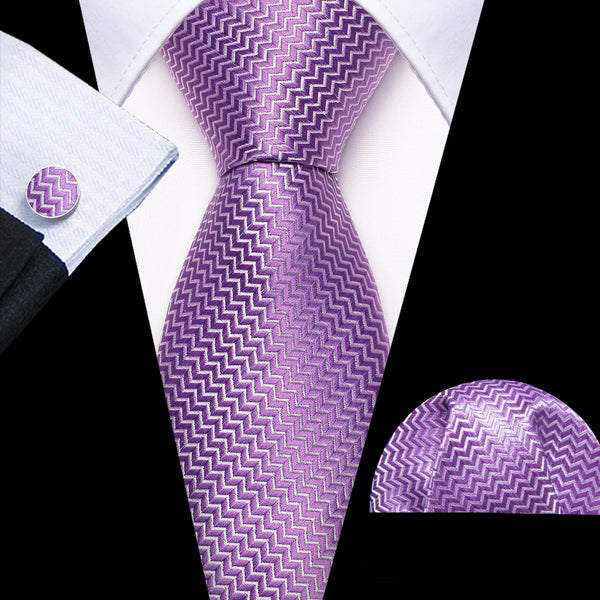 Purple Novelty Woven Men's 63 Inches Extra Length Tie Pocket Square Cufflinks Set