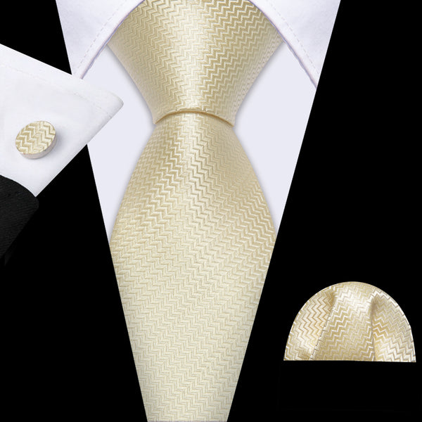 Ivory Novelty Woven Men's 63 Inches Extra Length Tie Pocket Square Cufflinks Set