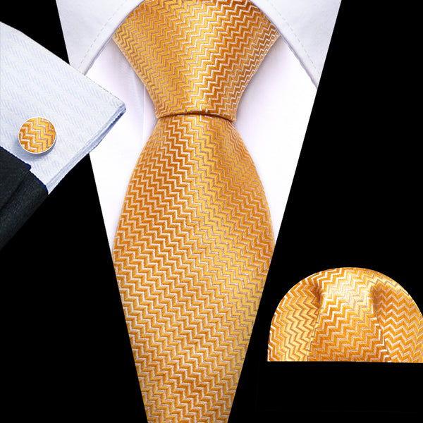 Light Orange Novelty Woven Men's 63 Inches Extra Length Tie Pocket Square Cufflinks Set
