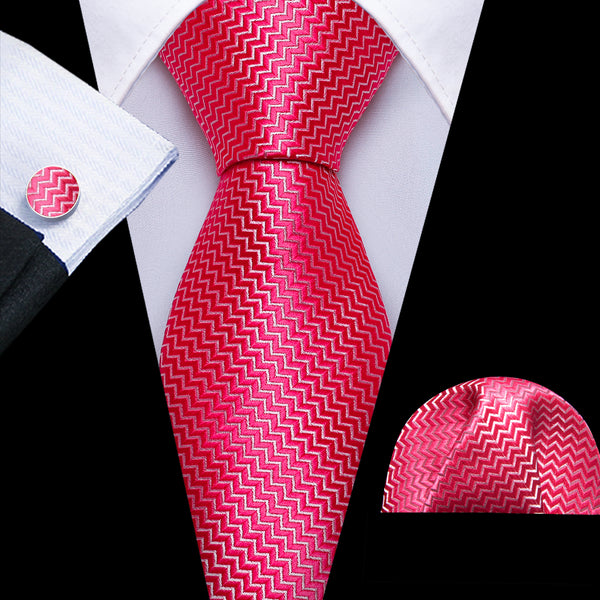Rose Red Novelty Woven Men's 63 Inches Extra Length Tie Pocket Square Cufflinks Set