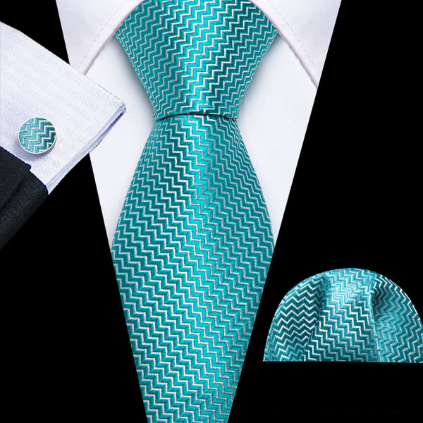 Sea Foam Blue Novelty Woven Men's 63 Inches Extra Length Tie Pocket Square Cufflinks Set