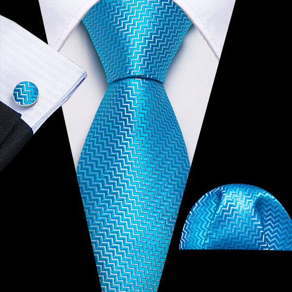 Sky Blue Novelty Woven Men's 63 Inches Extra Length Tie Pocket Square Cufflinks Set