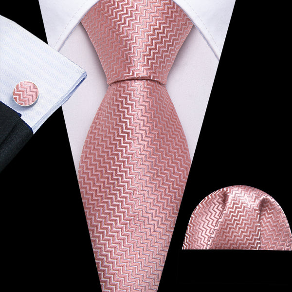 Pink Novelty Woven Men's 63 Inches Extra Length Tie Pocket Square Cufflinks Set