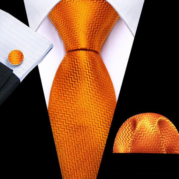 Orange Novelty Woven Men's 63 Inches Extra Length Tie Pocket Square Cufflinks Set