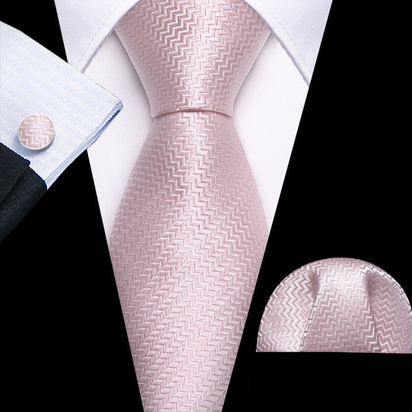 Light Pink Novelty Woven Men's 63 Inches Extra Length Tie Pocket Square Cufflinks Set
