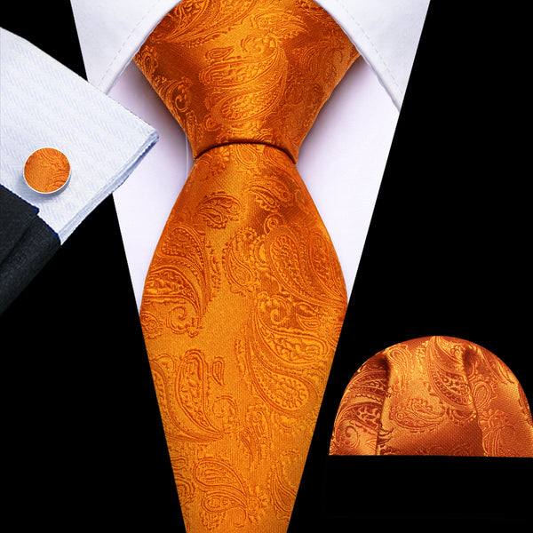 Orange Paisley Men's 63 Inches Extra Length Tie Pocket Square Cufflinks Set