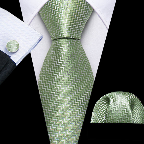 Avocado Green Novelty Woven Men's 63 Inches Extra Length Tie Pocket Square Cufflinks Set