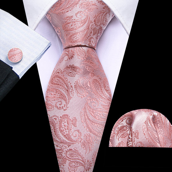 Pink Paisley Men's 63 Inches Extra Length Tie Pocket Square Cufflinks Set