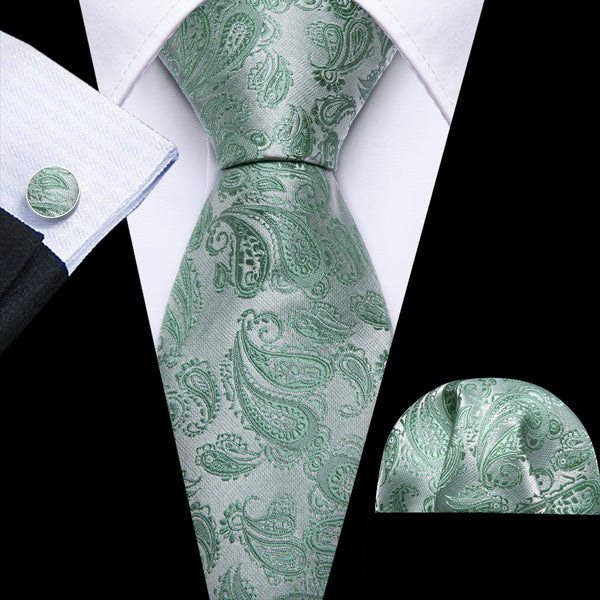 Mint Green Paisley Men's 63 Inches Extra Length Tie Pocket Square Cufflinks Set