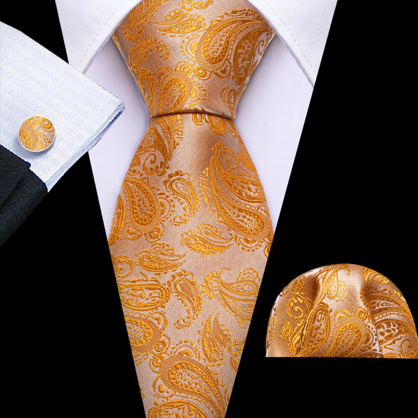 Light Orange Paisley Men's 63 Inches Extra Length Tie Pocket Square Cufflinks Set