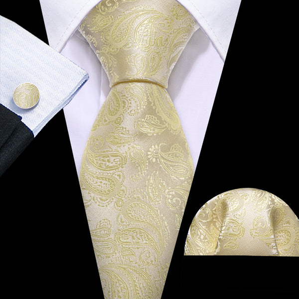 Cream Yellow Paisley Men's 63 Inches Extra Length Tie Pocket Square Cufflinks Set