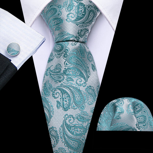 Sea Foam Blue Paisley Men's 63 Inches Extra Length Tie Pocket Square Cufflinks Set