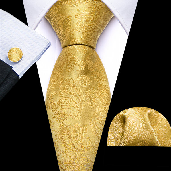 Yellow Paisley Men's 63 Inches Extra Length Tie Pocket Square Cufflinks Set
